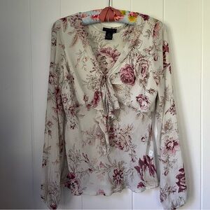 100% Silk Sheer Rose Floral Cream Burgundy Cherry Flowy Boho V Neck Blouse